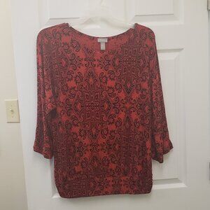Chico's travelers, NWOT, red black paisley pull over scoop neck blouse tunic, LG